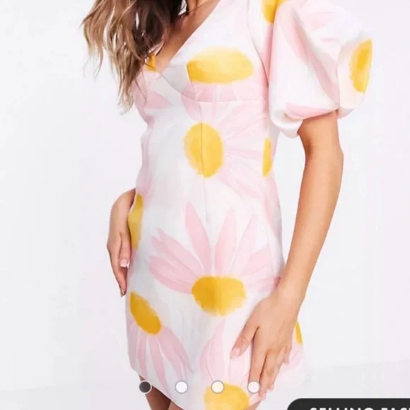 ASOS Puff Sleeve Floral Dress Size Small - Picture 3 of 4